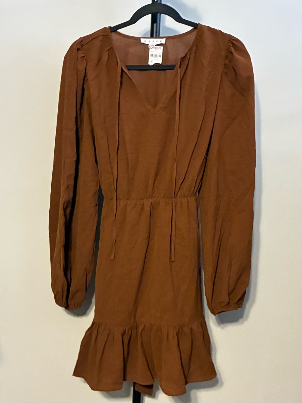 New! Hyfve Brown Long Sleeve Ruffle-Hem Dress Small